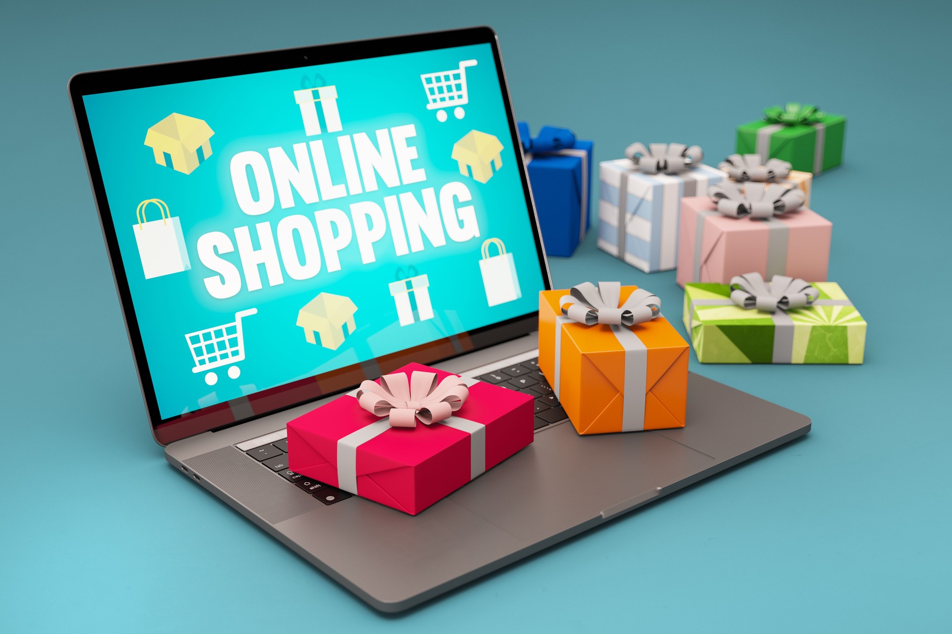 Online Shopping Concept with Gift Boxes and Laptop